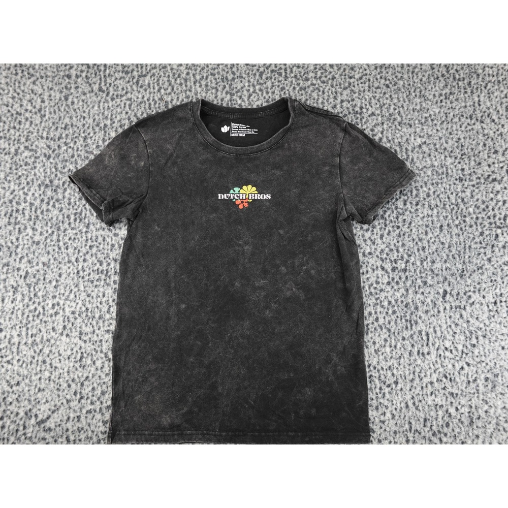 Dutch Bros T-Shirt Medium Black Good Acid Wash Floral Windmill Graphic Tee